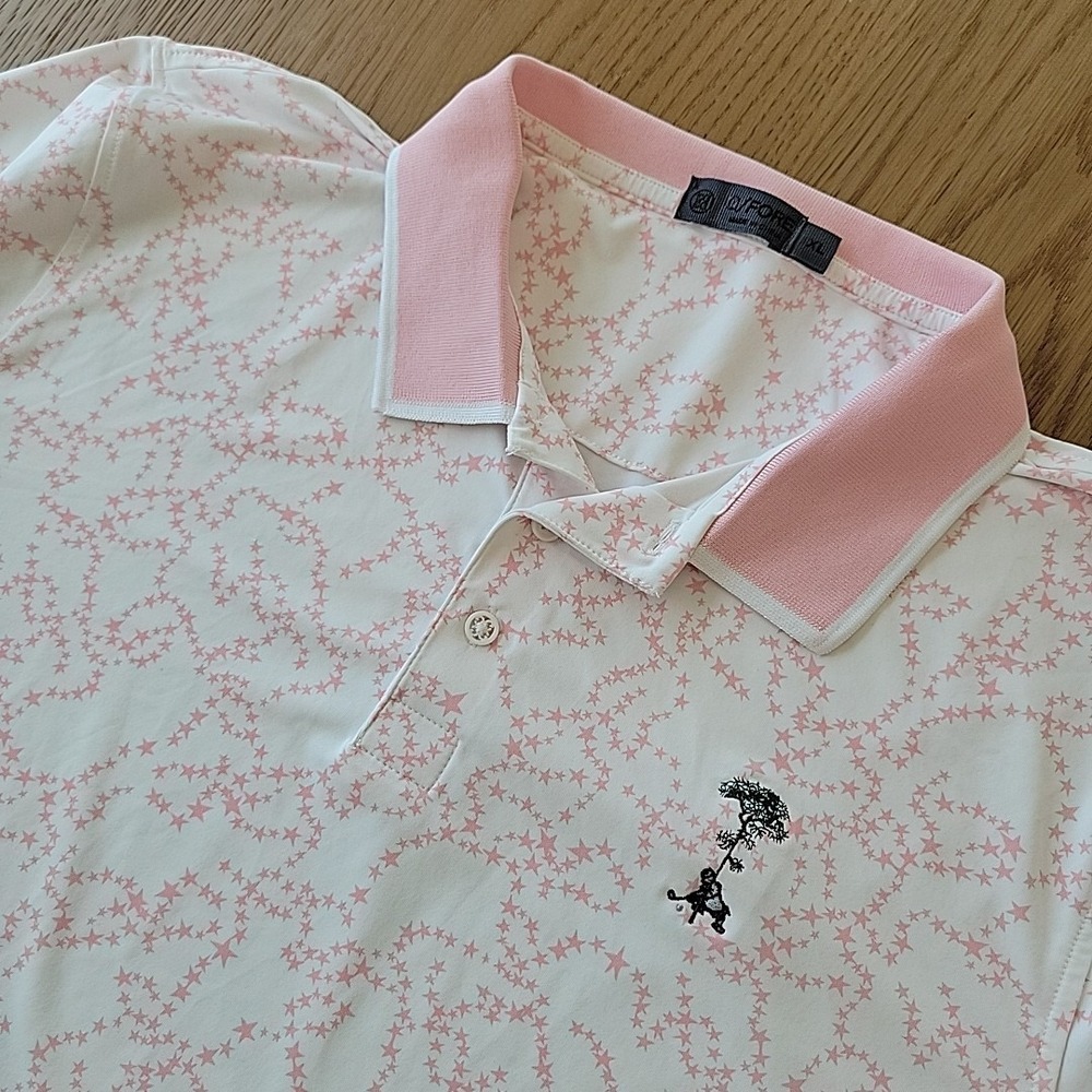 G/Fore Star Dust Banded Sleeve Tech Jersey Golf Polo Size XL Pink All Over Print